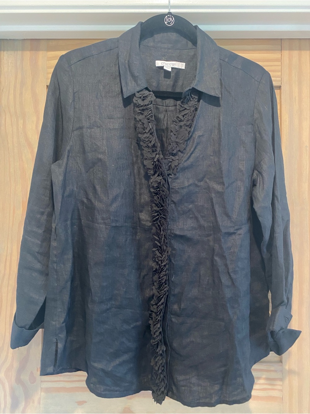 Chico's Black Ruffle-Front Linen Blend Button-Down Shirt